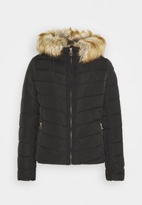 Sort pufferjakke med lynlås foran, quiltet struktur og en aftagelig hætte, der er foret med kunstpels. Har sidelommer med lynlås.