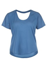 Camiseta atlética de mangas cortas en azul, hecha de un material ligero y transpirable, con un patrón de rejilla y un diseño de escote redondeado.