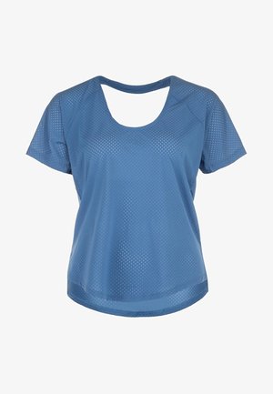 Modrá sportovní tričko s krátkým rukávem vyrobené z lehkého, prodyšného materiálu s síťovým vzorem a designem s oválným výstřihem.
