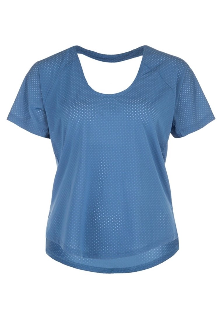Camiseta atlética de mangas cortas en azul, hecha de un material ligero y transpirable, con un patrón de rejilla y un diseño de escote redondeado.