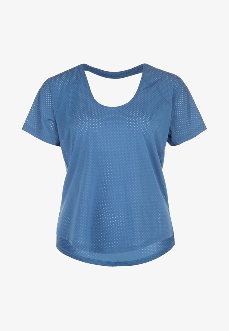 Niebieska sportowa koszulka krótki rękaw, wykonana z lekkiego, przewiewnego materiału z siateczkowym wzorem i dekoltem w serek.