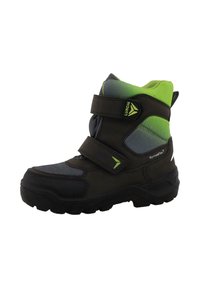 Bota infantil de invierno en negro y verde con dos correas de Velcro y suela resistente, con la marca Lurchi y SympaTex para impermeabilidad.
