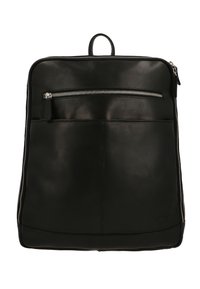 Musta nahkainen reppu, jossa on suorakulmainen muoto, etupuolella vetoketjullinen tasku ja kahva. Sileä pinta ja kontrastivärisiä ompeluja.