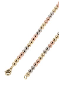 Třídílný náramek s alternativními hladkými zlatými, stříbrnými a růžovými zlatými kulatými korálky, s bezpečnou karabinkou a smyčkovým detailem.