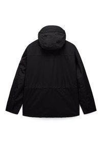 Black hooded jacket shown from the back with long sleeves and a small circular patch on the upper left arm.