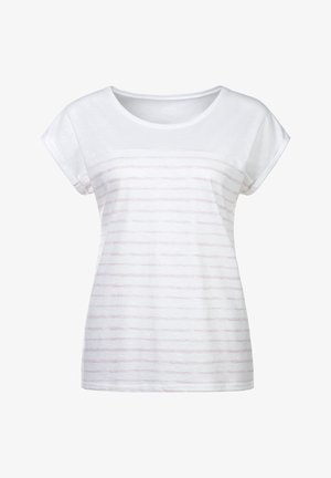 Weißes T-Shirt mit kurzen Ärmeln, dezenten horizontalen hellrosa Streifen, rundem Halsausschnitt, weichem Baumwollstoff, lässigem Schnitt und aufgerollten Ärmeln.