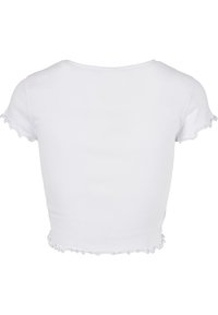 Biely krátky crop top s krátkymi rukávmi v rebrovanom prevedení s vlnitými okrajmi na rukávoch a spodnom leme. Klasický dizajn s kruhovým výstrihom.