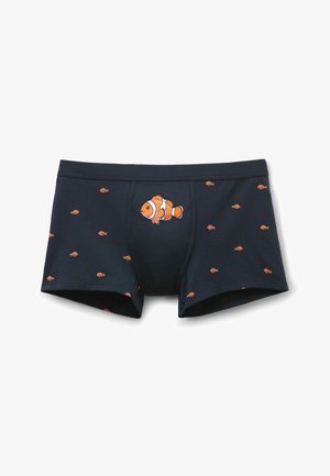 Boxers bleu marine pour hommes avec plusieurs petits motifs de poisson-clown orange et un grand poisson-clown au centre à l'avant.