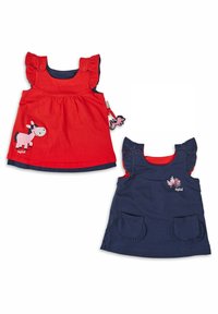 Conjunto de vestido rojo y azul marino que incluye un vestido con un gráfico de un caballo rosa y mangas con volantes, y otro vestido con bolsillos y detalles bordados.