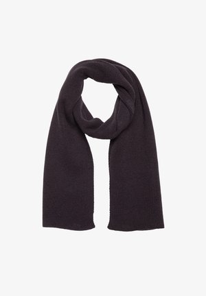 Dunkellila gestrickter Schal mit gerippter Textur und weichem Material, in länglicher, rechteckiger Form, geeignet zum Wickeln oder Drapieren.