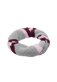 Dzianinowa opaska na głowę w kolorze szarym z poziomymi paskami w kolorze bordowym i różowym. Miękka tekstura, okrągły kształt z efektownym skrętem.