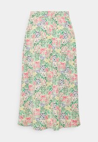 Jupe midi évasée avec taille élastique présentant un motif floral coloré avec des fleurs roses, violettes, jaunes et vertes sur fond crème.