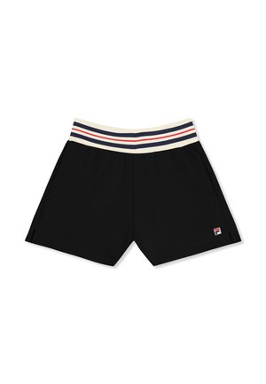 Zwarte sportkorte broek met een witte elastische tailleband met rode, marineblauwe en beige strepen en een klein FILA-logo op het linkerbeen.