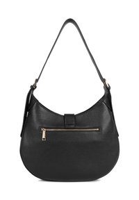 Sac à épaule en cuir noir de forme arrondie, avec une anse supérieure et une poche zippée à l'avant. Fini texturé et accents en matériel doré.