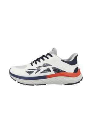 Weißer und marineblauer Sportschuh mit schwarzen Schnürsenkeln, orangefarbenem Mittelsohlenakzent und "COLMAR"-Branding an der Seite sowie dicker weißer Sohle.