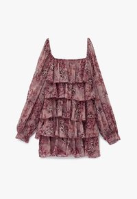 Blusa con volantes en tejido ligero y traslúcido. Presenta un escote cuadrado, mangas largas y un diseño floral rosa con texturas en capas.