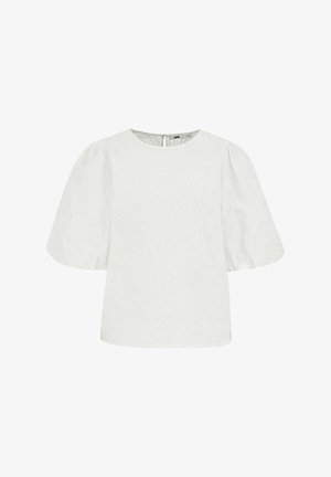 Bela kratka majica s kratkimi rokavi, napihnjenimi rokavi in subtilno zavito vezenino, okroglim izrezom in zapiranjem na gumb na hrbtu.