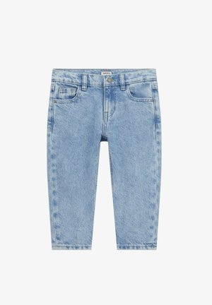 Jeans in denim azzurro chiaro con taglio dritto, cinque tasche, cuciture visibili e chiusura con bottone in vita. Motivo di lavaggio scolorito su tutta la superficie.