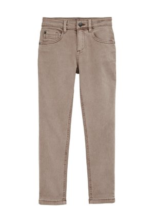 Jeans in misto cotone beige con taglio slim, caratterizzati da cinque tasche, passanti per cintura e dettagli di cucitura in vita e sulle gambe.