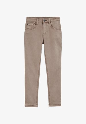 Beige pamut keverék farmernadrág, slim fit szabással, öt zsebbel, övhurkokkal, valamint díszvarrással a derékpánton és a lábszárakon.