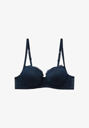 Marineblauer Spitzen-BH mit verstellbaren Trägern und Bügel-Cups, verziert mit floralen Spitzenmustern und einer gezackten Kantenverzierung.