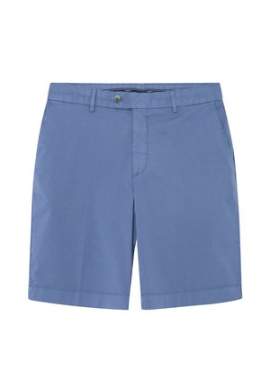Shorts bleu clair en tissu coton mélangé, avec une fermeture éclair, un bouton, et deux poches avant, offrant une texture lisse.