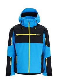 Giacca da sci da uomo in blu brillante e nero, con accenti gialli, cappuccio, tasche con zip e un design moderno con schemi angolari.