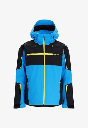 Herren Skijacke in leuchtendem Blau und Schwarz, mit gelben Akzenten, Kapuze, Reißverschlusstaschen und einem modernen Design mit winkeligen Mustern.