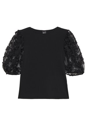 Czarna bluzka z okrągłym dekoltem i krótkimi, bufkowatymi rękawami z przezroczystej tkaniny ozdobionej fakturowanymi kwiatowymi aplikacjami.