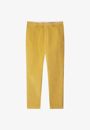 Gula kordflosbyxor med rak passform, knappstängning och sidofickor. Tyget har en ribbad textur som ger en mjuk känsla.