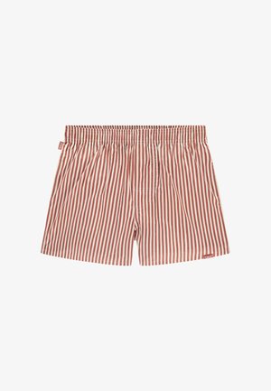 Czerwono-kremowe bokserki w paski z elastycznym paskiem w talii i bocznymi kieszeniami. Miękka tkanina o gładkiej fakturze, zaprojektowana z myślą o komforcie i dopasowaniu.