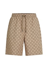 Pantalones cortos beige con un patrón circular en toda su superficie y detalles del logotipo repetidos, cinturilla elástica y un cordón para ajustar.