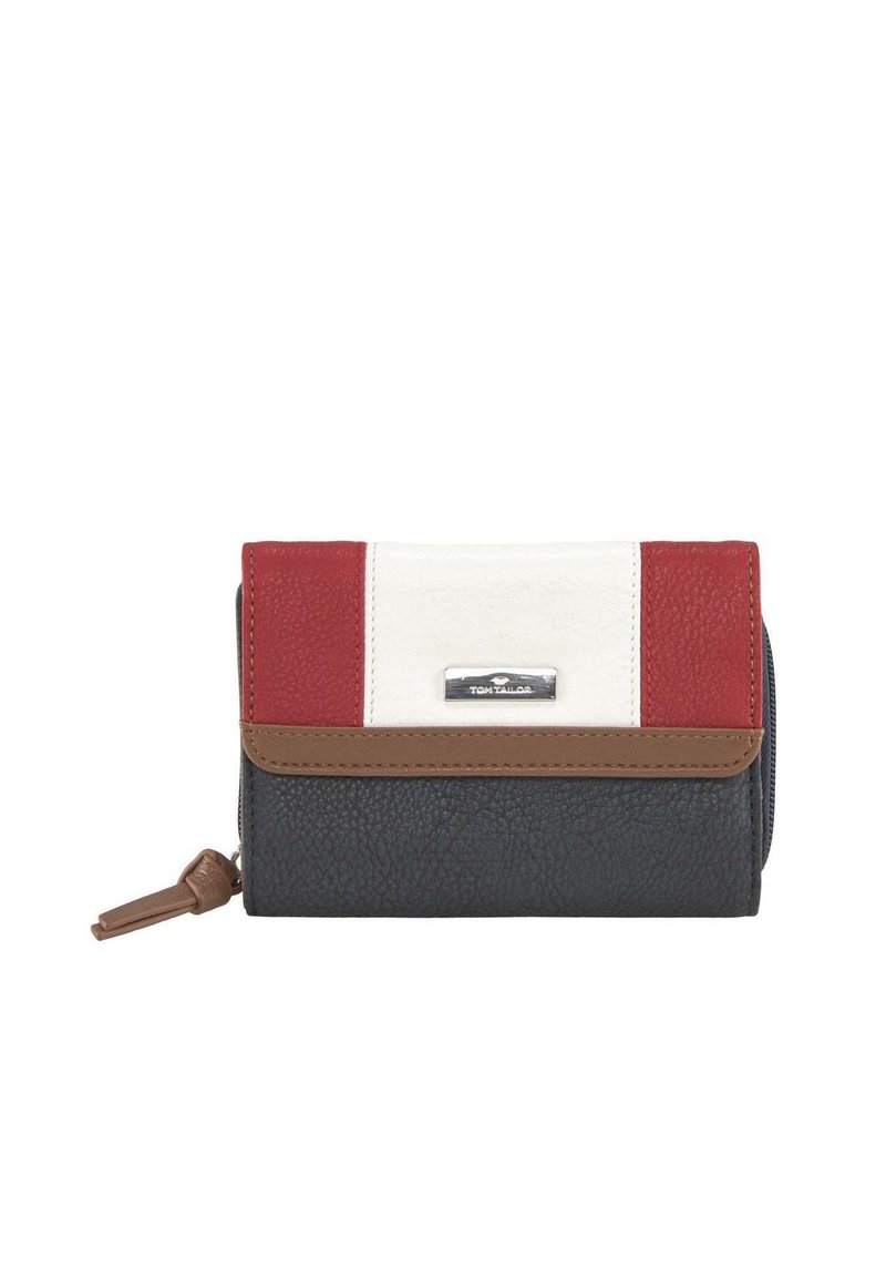 Portafoglio multicolore in pelle testurizzata rossa, bianca e grigia scura. Presenta un'inserto beige e una placca con logo in argento davanti. Chiusura con zip.
