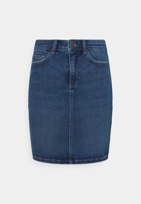 Jeansrock in Dunkelblau mit figurnaher Passform, klassischer Fünf-Pocket-Stil, sichtbaren Nähten und einem Knopfverschluss an der Taille.