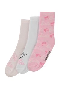 Tre paia di calzini: rosa chiaro con un motivo, bianchi con dettagli neri e rosa chiaro uniforme. Tessuto morbido, lunghezza fino al polpaccio.