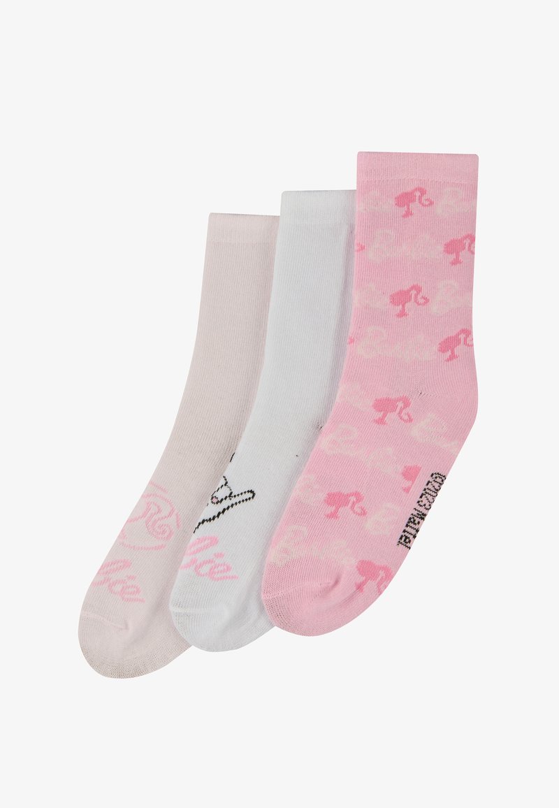 Tres pares de calcetines: rosa claro con un patrón, blancos con detalles negros y rosa claro liso. Tejido suave, longitud hasta la mitad de la pantorrilla.