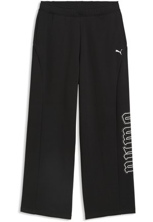 Sorte vidde joggingbukser med elastik i taljen, sidelommer, hvid Puma-logo på højre hofte og hvid Puma-tekst på venstre ben.