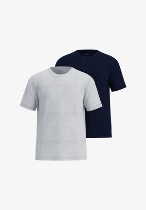 Zwei schlichte kurzärmelige Baumwoll-T-Shirts, eines vorne in hellgrau und eines dahinter in dunkelblau, beide mit Rundhalsausschnitt.