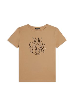 T-shirt in cotone beige con maniche corte, caratterizzata da una stampa grafica centrale che recita "Oggi Brilli" in colori a contrasto.