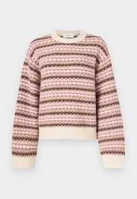 Jersey de punto con rayas horizontales en rosa, crema y marrón. Cuello redondo clásico, puños y dobladillo acanalados con una textura suave.