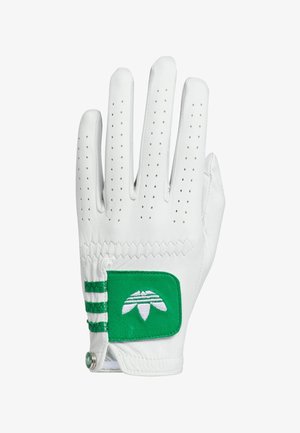 Guante de golf blanco hecho de cuero, con perforaciones para la transpirabilidad, parche de acento verde con el logo y tres franjas verdes cerca de la muñeca.