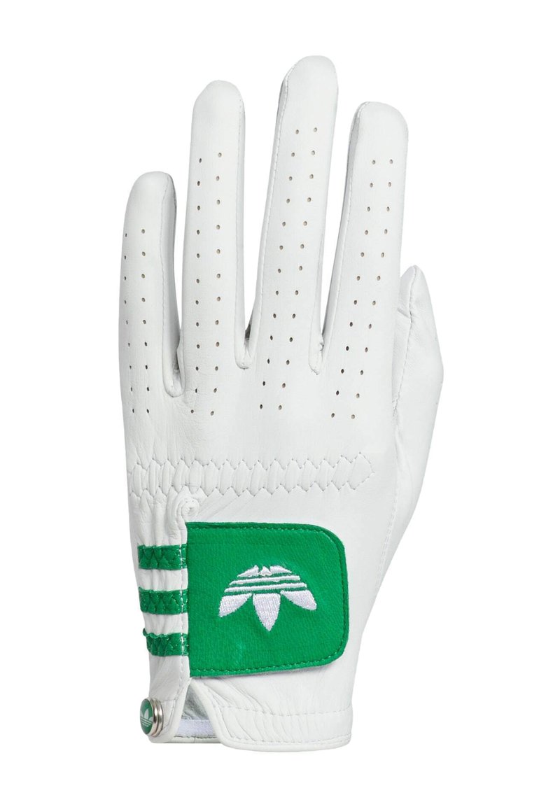 Vitt golfhandske i läder med perforeringar för ventilering, grön accentlapp med logotyp och tre gröna ränder nära handleden.