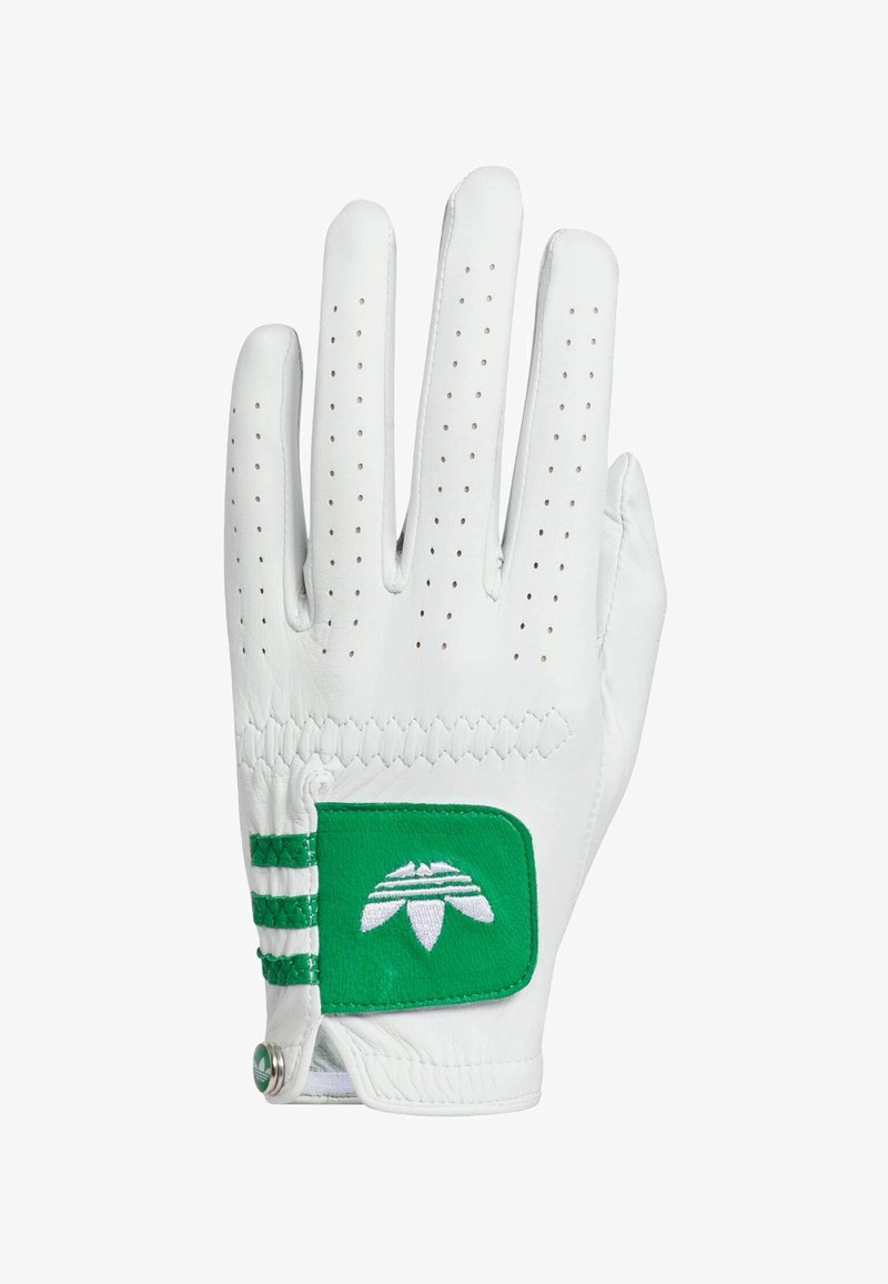Hvit golfhanske laget av lær, med perforeringer for pusteegenskaper, grønn fargeklys med logo, og tre grønne striper nær håndleddet.