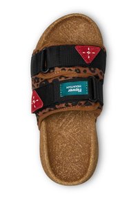 Cork footbed sandal with brown leopard-print straps, black webbing, red triangular accents, and a teal tag. Textured sole detail visible.