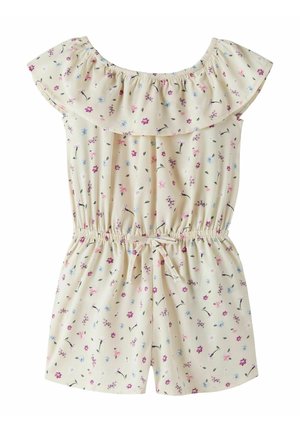 Tutina floreale color crema con scollo con volant e spalle scoperte, vita elastica, coulisse e fondo stile pantaloncino.