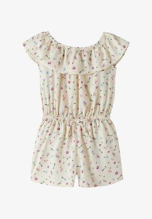 Mono corto color crema con estampado floral, escote volanteado descubierto en los hombros, cintura elástica, cordón ajustable y parte inferior estilo pantalón corto.