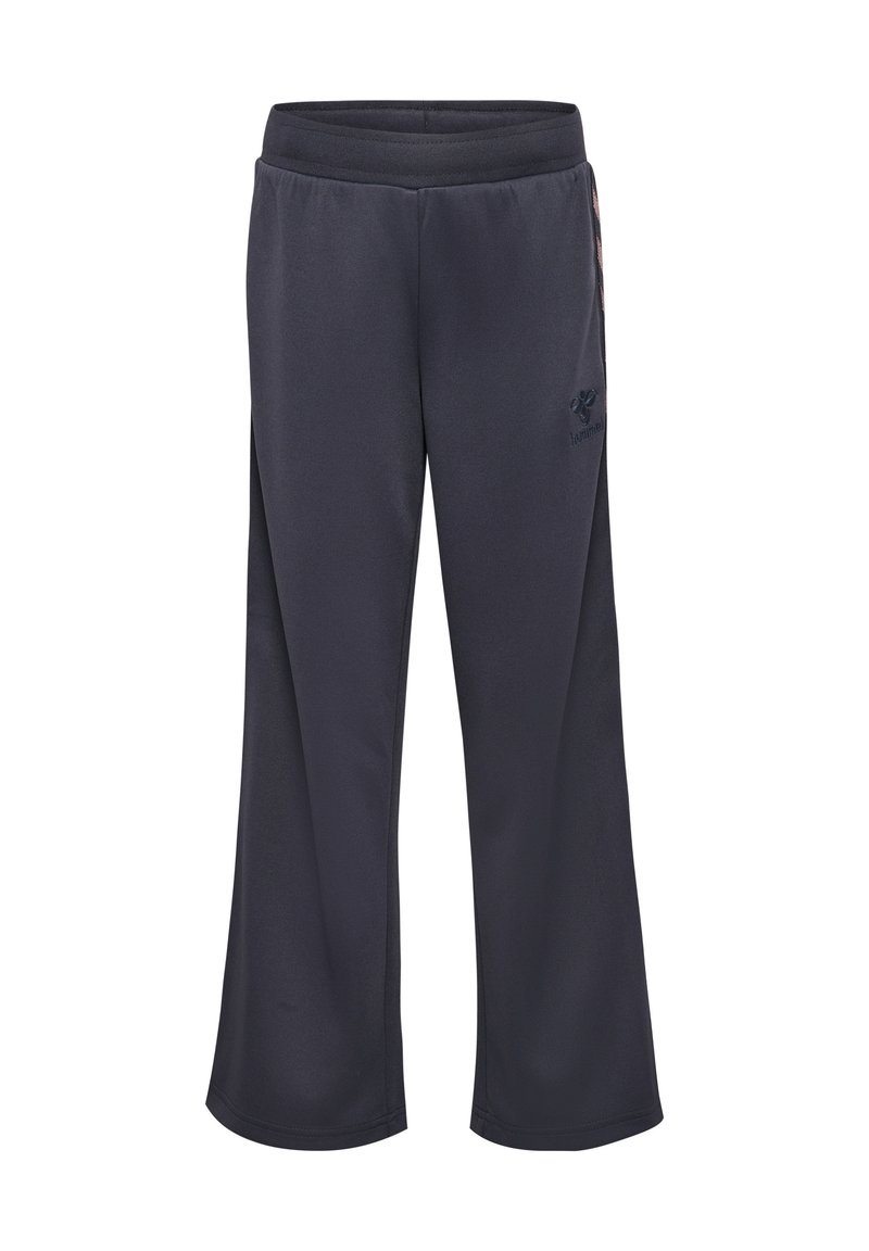 Granatowe spodnie sportowe z elastycznym pasem, rozszerzanymi nogawkami i subtelnym logo na górnej lewej części uda.