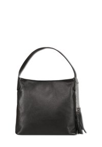 Sac en cuir noir texturé avec une seule bandoulière et un détail de frange en chaîne argentée sur le côté droit.
