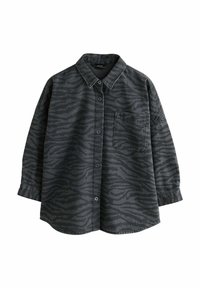 Chemise à boutons de couleur gris foncé avec un motif zébré, col classique, manches longues et une poche poitrine. Fabriquée à partir d'un tissu texturé.