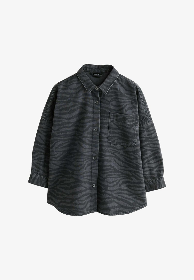 Camicia button-up grigio scuro con motivo a strisce di tigre, colletto classico, maniche lunghe e taschino sul petto. Realizzata in un tessuto testurizzato.